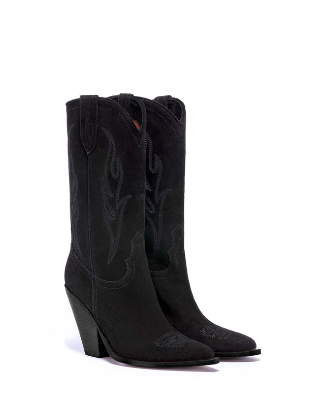 SANTA FE Women's Cowboy Boots in  Black Velour | On Tone Embroidery_Side_01
